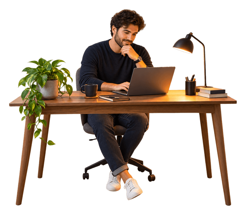 Un freelance à son poste de travail en soirée